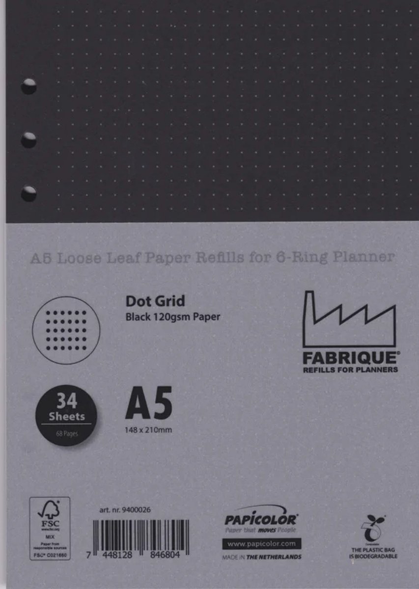 Aanvulling / Navulling A5 geschikt voor o.a. Filofax, Succes Losbladige Planners 68 Pagina's 120gr/m² Dotted Zwart Papier