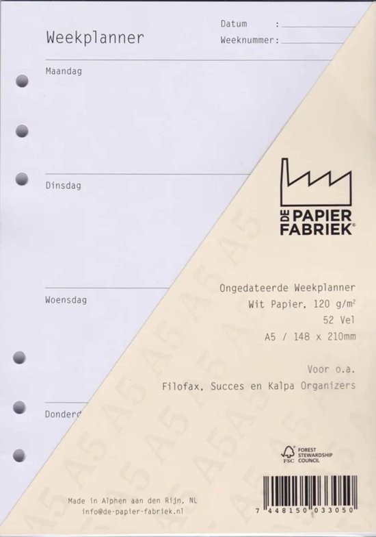 Aanvulling /Navulling  Ongedateerde Weekplanner 120g/m² Wit A5 Papier voor Succes, Filofax of Kalpa Organizers