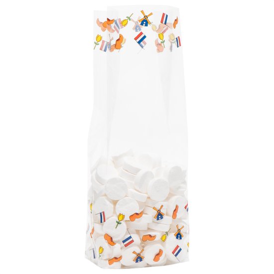100x Blokbodemzakjes Transparant Bedrukt 'Nederland' 100 + 60 x 280 mm Polypropyleen Recyclebaar Traktatiezakjes Luxe Uitstraling - Bedrukte Blokbodem Zakjes - Duurzaam - Voedselveilig - Cellofaanzakjes - Uitdeelzakjes - Cadeauzakjes