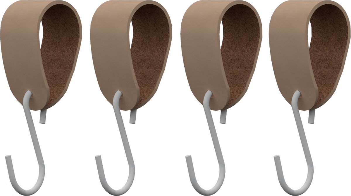 S-haakje Wit + leren hanger: TAUPE - Maat M - set van 4 (S-haakjes - kapstokhaakje - handdoekhaakje - kapstokhaak - ophanghaken - S-haken)