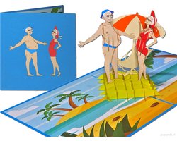 Popcards popupkaarten - Charmant gepensioneerd koppel op paradijselijk strand | Pensioen pensionado vakantie beach life strandfeest bikini maxtv pop - up kaart 3D wenskaart