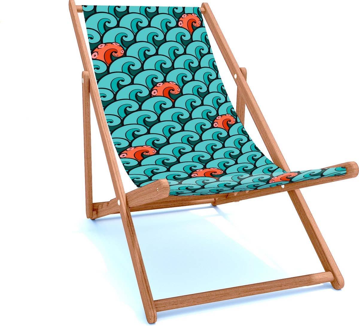 Holtaz Strandstoel Hout Inklapbaar Comfortabele Zonnebed Ligbed met verstelbare Lighoogte houten frame met stoffen Oceaan