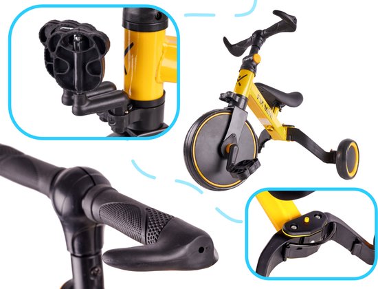 Fix Mini tricycle tricycle 3 en 1 avec pédales - jusqu'à 30 kg - de 1,5 à 4 ans - jaune noir - vélo d'équilibre - bon pour le développement - cadre en aluminium