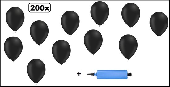 200x Ballonnen zwart + ballonpomp - Ballon carnaval festival feest party verjaardag landen helium lucht thema