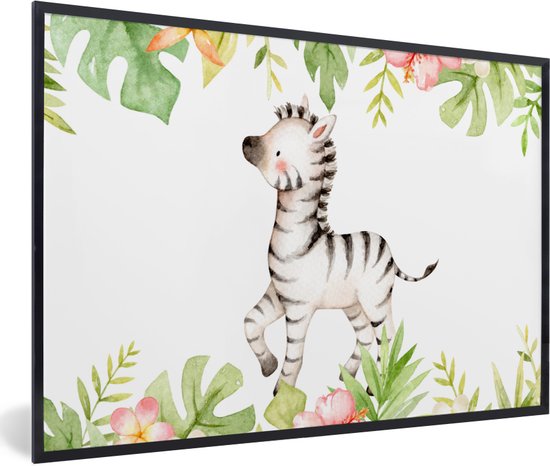 Fotolijst incl. Poster - Zebra - Bloemen - Jungle - Waterverf - 120x80 cm - Posterlijst