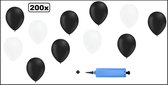 200x Ballonnen zwart en wit + ballonpomp - Ballon carnaval festival feest party verjaardag landen helium lucht thema