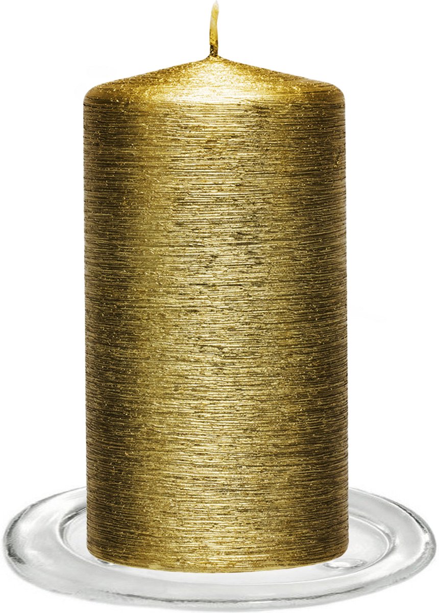 Trend Candles - Stompkaarsen met glazen onderzetters set van 2x stuks goud 7 x 13 cm
