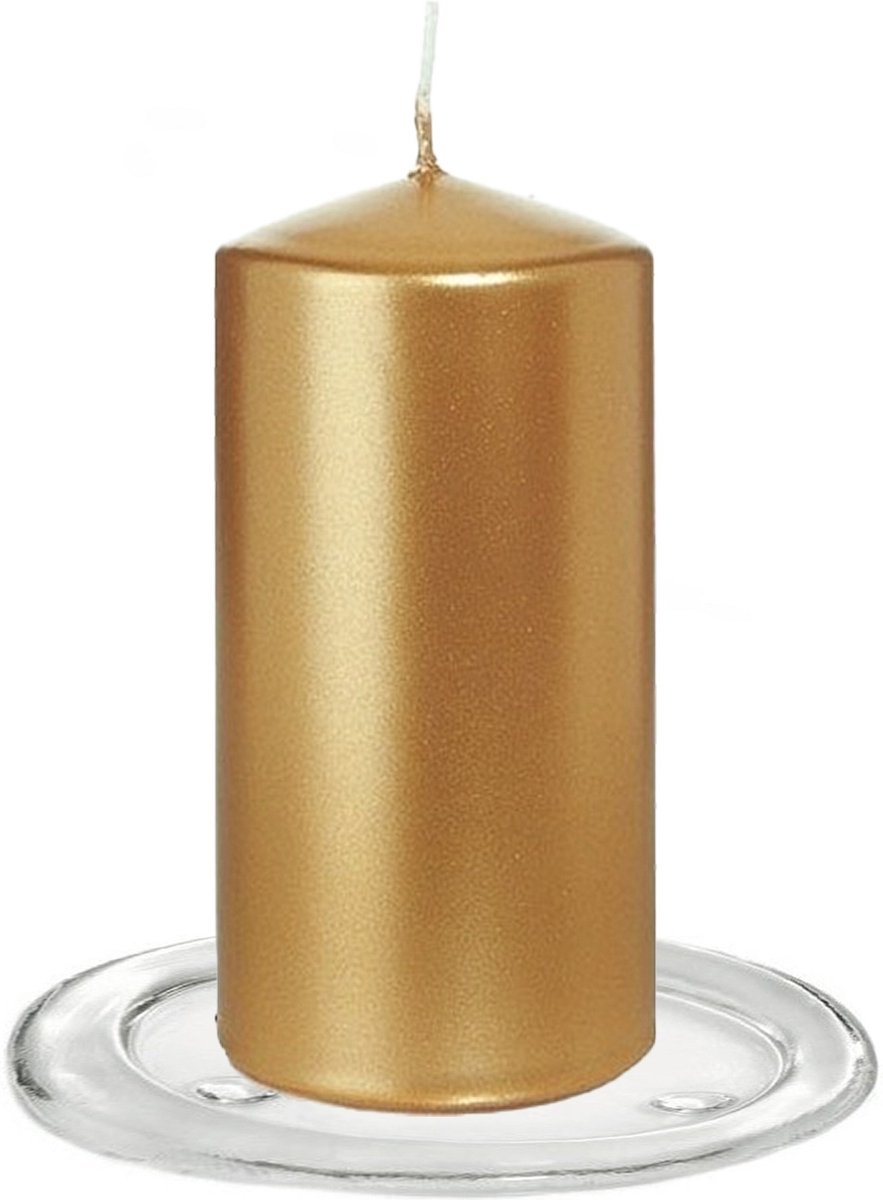 Trend Candles - Stompkaarsen met glazen onderzetters set van 2x stuks goud metallic 6 x 12 cm