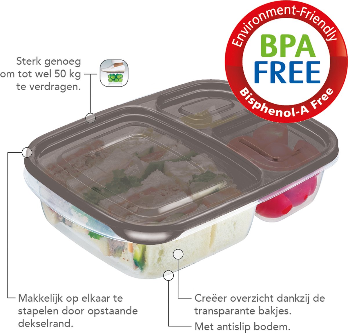 Meal prep Bakjes - Diepvriesbakjes - 965ml - Met 3 compartimenten - 6 stuks - BPA vrij - PFAS vrij - Vershoudbakjes set met deksel - Bewaarbakjes - Magnetron bakjes - Diepvriesdozen - Meal prep container - Stevig en Herbruikbaar - LocknLock — afbeelding 3