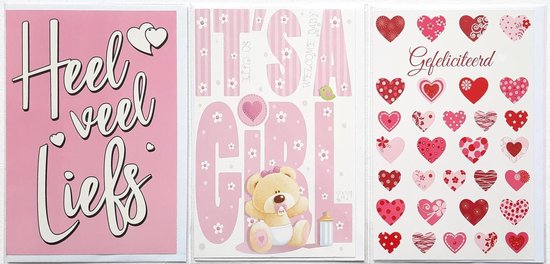 3 Wenskaarten - It’s a Girl + Heel veel liefs + Gefeliciteerd - 12 x 17 cm – GEB-308