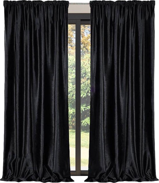 Glow Thuis - Kant en klaar 80% Verduisterend Gordijn - Hoge kwaliteit Fluweel – Zwart kleur Curtains - Gordijn met Plooiband ( Inclusief haken )- 140x250 cm - 1 Stuk - Glow Thuis