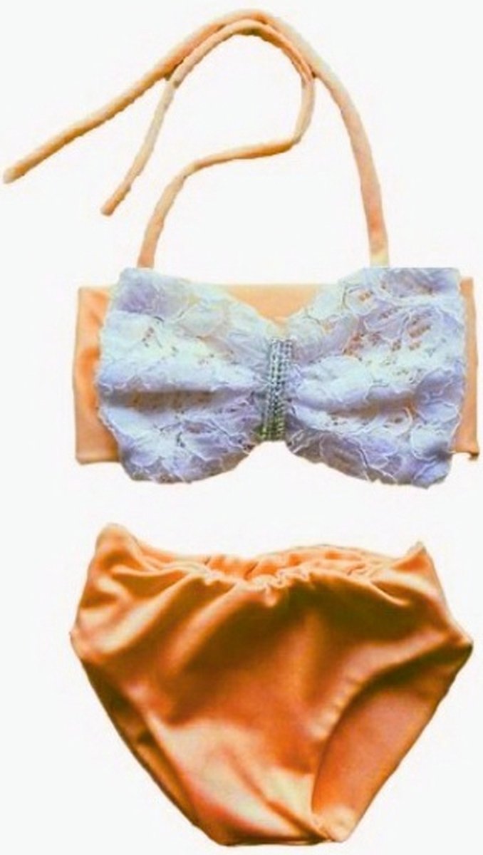 Maat 128 Glitter Bikini zwemkleding Neon Oranje strik van kant badkleding voor baby en kind zwem kleding