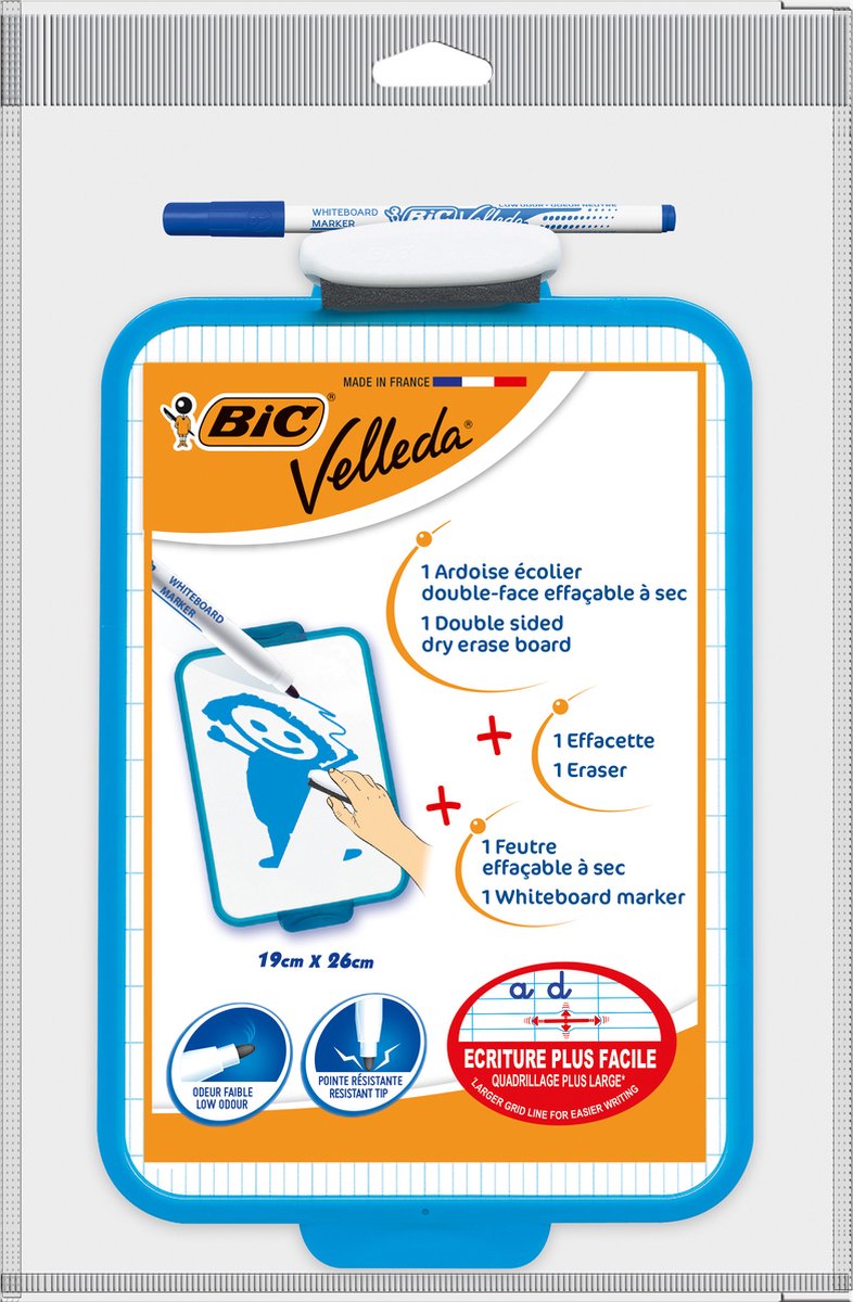 BIC Velleda Dubbelzijdig Droog uitwisbaar Bord - met Blauwe Whiteboard Marker en Wisser - Pack van 1 Stuk - 19 x 26 cm - BIC