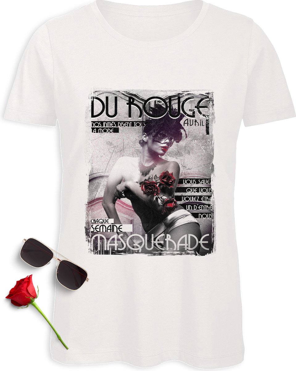 Dames T Shirt - Vintage Print - Korte Mouw - Wit - Maat XXL