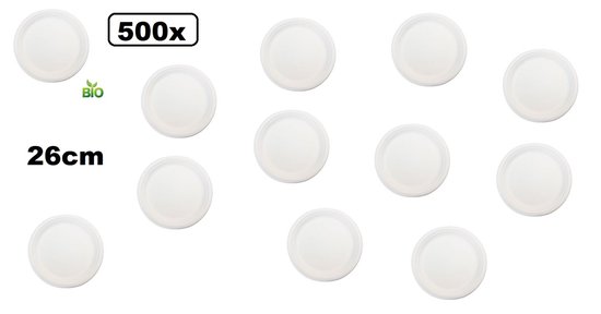 500x Assiette BIO canne à sucre nouvelle génération ronde 26cm blanc - assiette dégradable compostable alimentaire BBQ nourriture environnementale