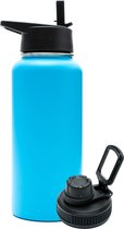 Gourde - Aqua Blue - 1 litre - Bouchon Extra gratuit avec paille et bec verseur - Gourde avec paille - Bouteille isotherme - Sans BPA - Étanche