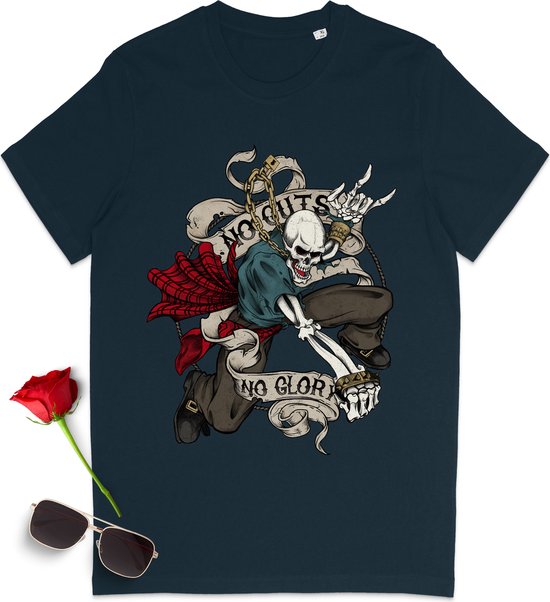 T shirt met skelet en quote: 'No Guts, No Glory' - Dames en heren tshirt - T-shirt vrouwen en mannen met print opdruk - Unisex maten: S t/m 3XL - Shirt kleuren: zwart, anthracite, Frence Navy en Burgundy (bordeaux rood).