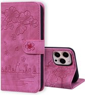 Hoesje geschikt voor iPhone 13 Mini - Bookcase - Koord - Pasjeshouder - Portemonnee - Camerabescherming - Bloemenpatroon - Kunstleer - Roze