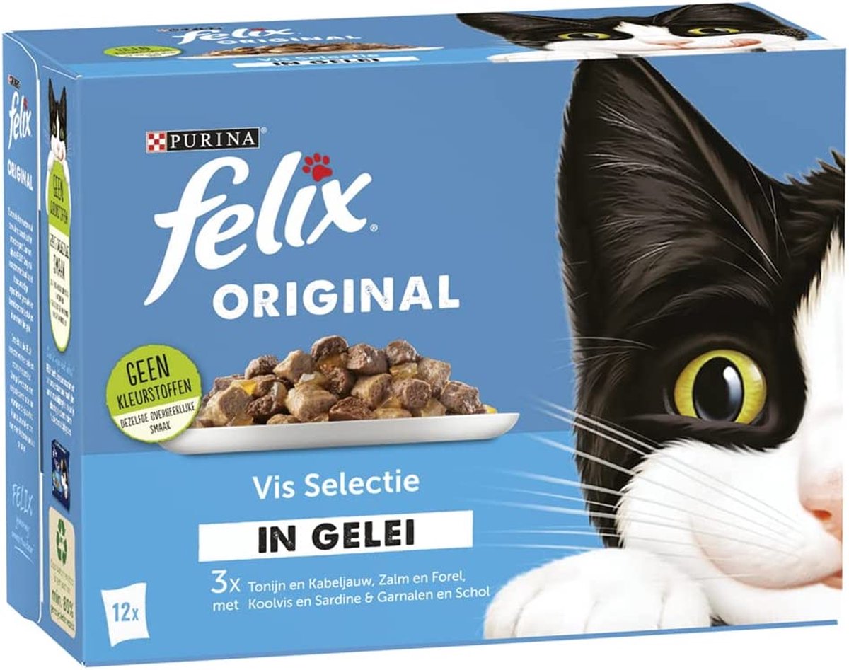 Felix Original Seaside Selectie kattenvoer, natvoer met Tonijn en Kabeljauw, met Zalm en Forel, met Koolvis en Sardine, met Garnalen en Schol in Gelei 12x85g - doos van 4 (48 portiezakjes, 4,08kg)