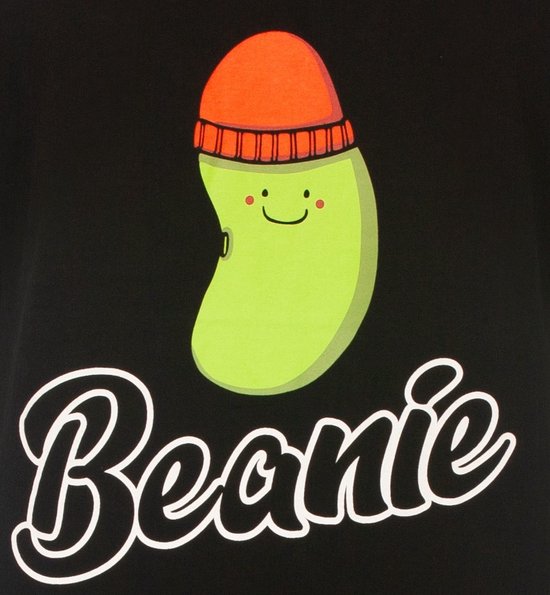 Een lichtgroene boon met een vrolijk gezichtje en een oranje muts, met het woord 'Beanie' eronder.