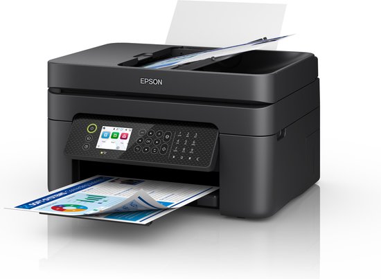 Zwarte Epson all-in-one printer drukt een document af met grafieken en tekst.