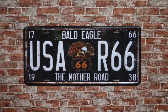 Wandbord - Route 66 bald eagle - Metalen wandbord - Mancave - Mancave decoratie - Retro - Metalen borden - Metal sign - Bar decoratie - Tekst bord - Wandborden – Bar - Wand Decoratie - Metalen bord