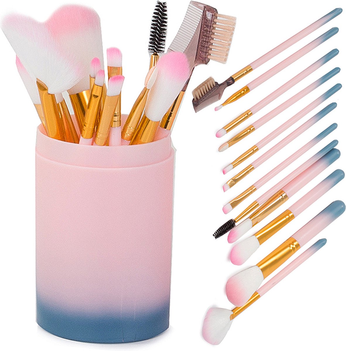 Set van 12 professionele make-up kwasten in opbergdoos roze