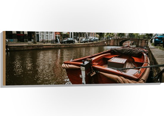 WallClassics - Hout - Boot in Amsterdamse Gracht - 120x40 cm - 12 mm dik - Foto op Hout (Met Ophangsysteem)