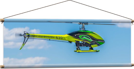 WallClassics - Textielposter - Geel Groene Helikopter bij Wolken - 120x40 cm Foto op Textiel