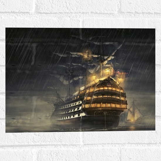 WallClassics - Muursticker - Groot Schip op Zee in Storm - 40x30 cm Foto op Muursticker