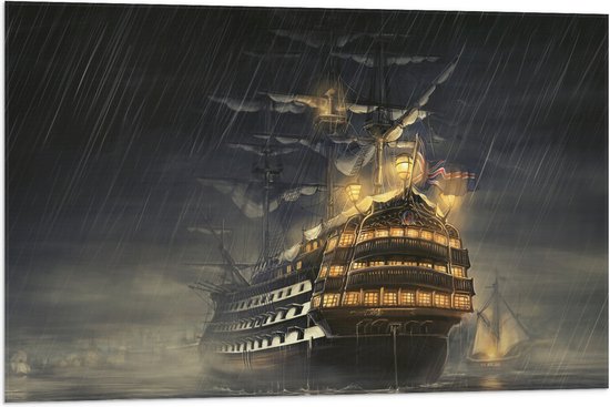 WallClassics - Vlag - Groot Schip op Zee in Storm - 90x60 cm Foto op Polyester Vlag