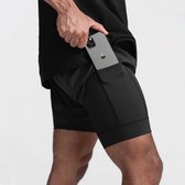Gym Revolution - Sportbroek voor Heren - Gym broek met mobiel zak - 2 in 1 Shorts - Hardloopbroek - Heren sportbroek - Rits - Aansluitend - Zwart Maat M