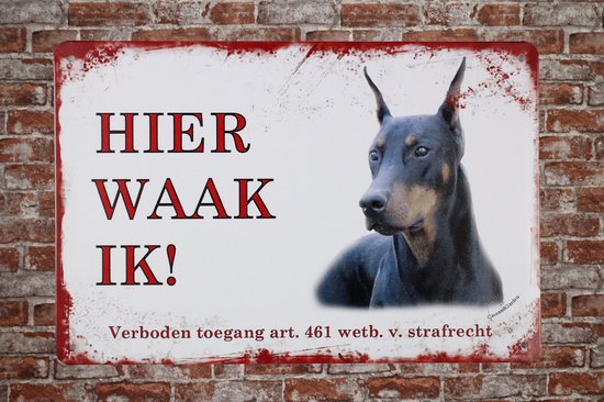 Foto: Wandbord hier waak ik dobberman metalen wandbord mancave mancave decoratie metalen borden honden metal sign bar decoratie tekst bord wandborden wand decoratie metalen bord 