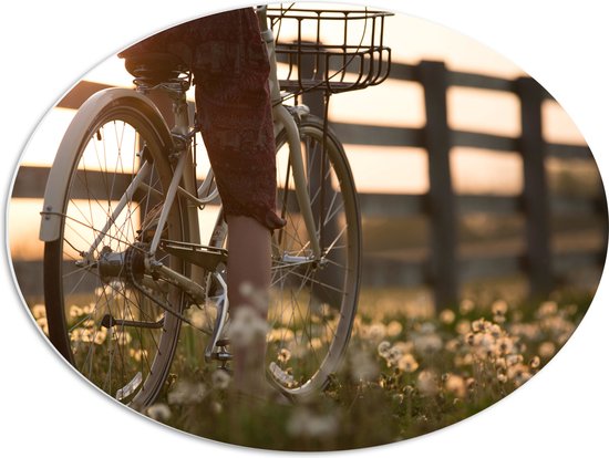 WallClassics - Panneau de mousse PVC ovale - Cycliste à travers un champ de fleurs - 68x51 cm Photo sur ovale (avec système de suspension)