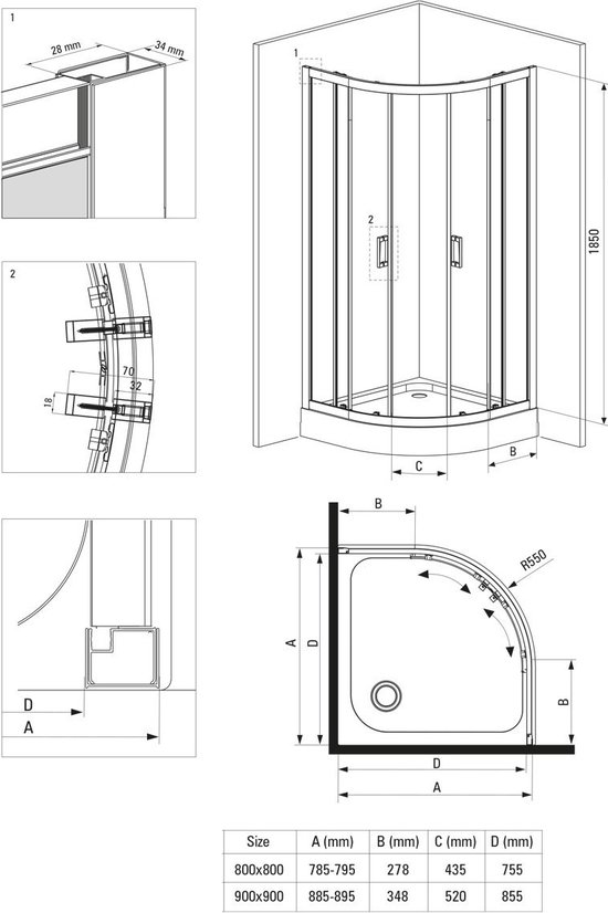 Diamond Line Enza Douchecabine 80x80 Kwartrond Chroom
