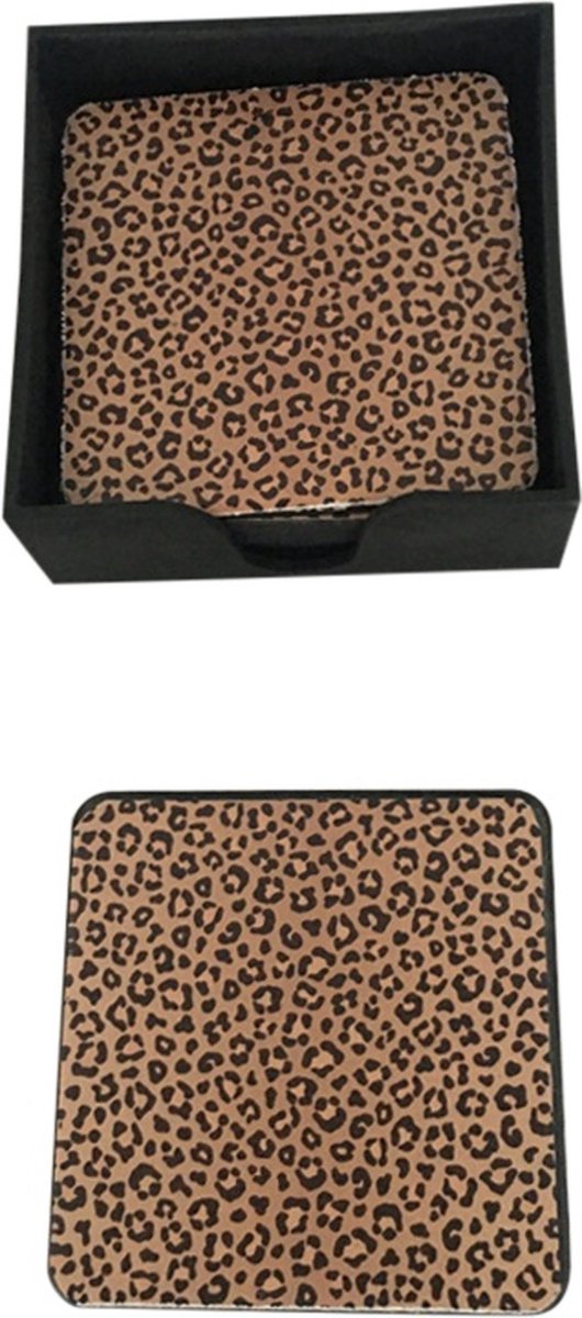 Baroque - Onderzetter - Onderzetters vierkant 11 cm luipaard - 11.5x11.5x4 - PU Leather