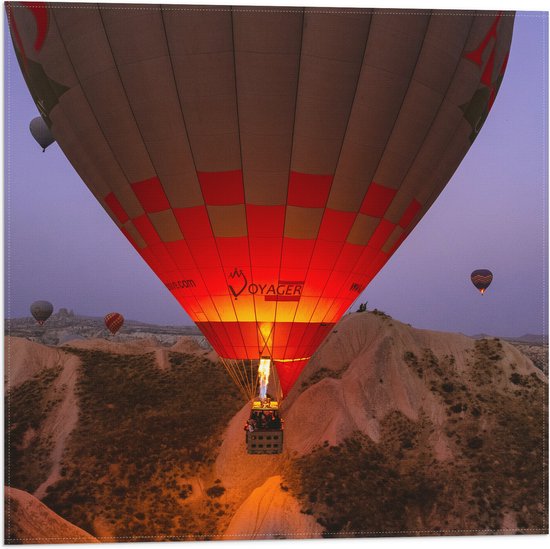 WallClassics - Vlag - Luchtballonnen bij Bergen - 50x50 cm Foto op Polyester Vlag