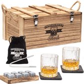 Whiskey Set - Incl. 2 Whiskey Glazen, 8 Whiskey Stones, 2 Onderzetters, Fluwelen Opbergzak, Opbergbox - Whisky Geschenkdoos - Glas - Herbruikbare IJsblokjes - Whiskey Stenen Voor Glazen - Peaky Blinders - Cadeau voor Man & Vrouw