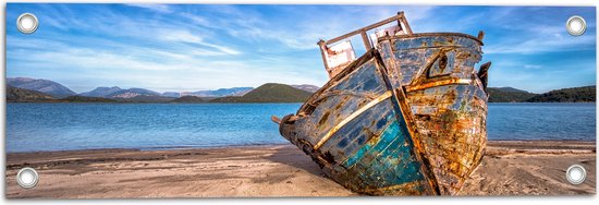 WallClassics - Tuinposter – Scheepswrak gestrand op Strand - 60x20 cm Foto op Tuinposter  (wanddecoratie voor buiten en binnen)