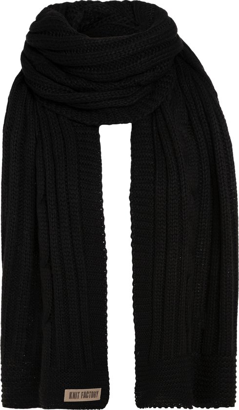 Knit Factory Elin Gebreide Sjaal Dames & Heren - Warme Wintersjaal - Grof gebreid - Langwerpige sjaal - Wollen sjaal - XXL sjaal - Heren sjaal - Dames sjaal - Unisex - Zwart - 200x50 cm