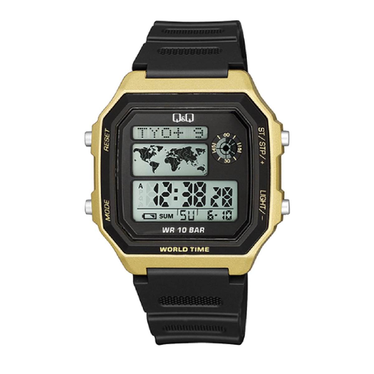 QQ model M196j004y-Herenhorloge-zwart-goudkleurig-digitaal-stopwatch-timer-5x alarm-100 meter waterdicht -wereldkaart-afmeting 41x47 mm-rubberen band-wereld tijd