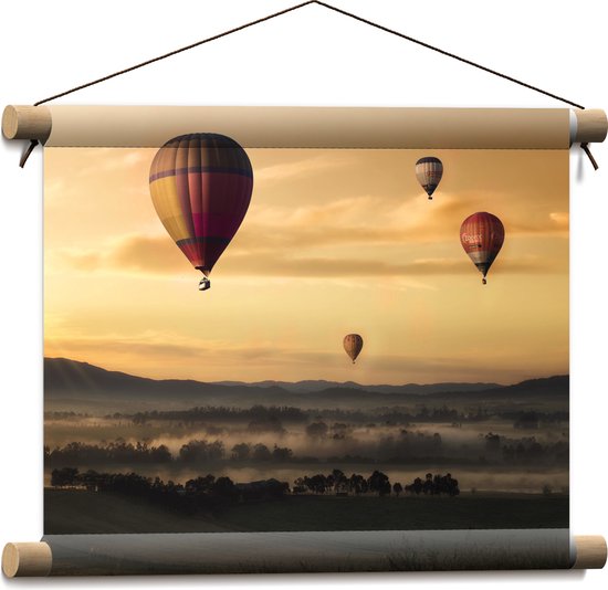 WallClassics - Textielposter - Luchtballonen Zwevend boven Open Veld - 40x30 cm Foto op Textiel