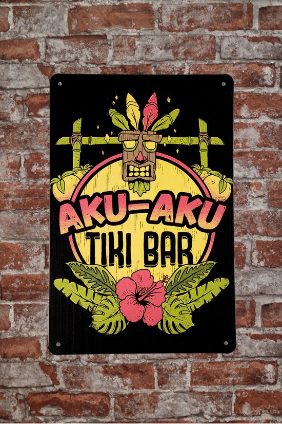 Wandbord - Aku Aku Tiki bar - Metalen wandbord - Mancave - Mancave decoratie - Tiki - Metalen borden - Metal sign - Bar decoratie - Tekst bord - Wandborden – Bar - Wand Decoratie - Metalen bord - U