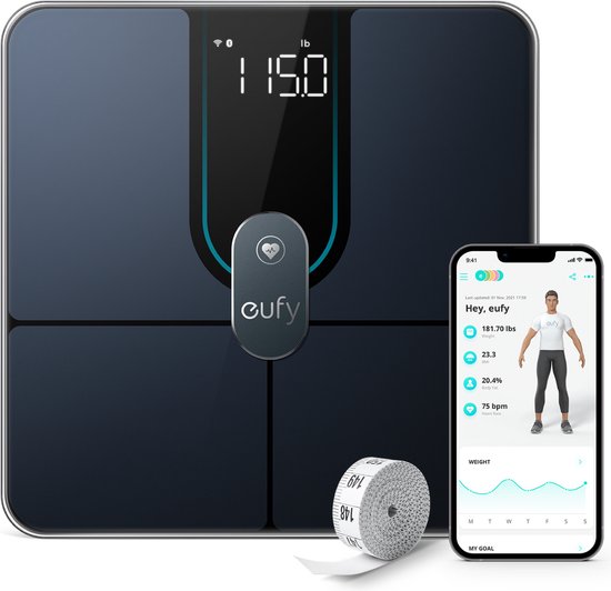 eufy Smart Scale P2 Pro, Digitale Badkamerweegschaal, Wi-Fi, Bluetooth, IPX5 Waterdicht, ITO, 3D Model, 16 metingen waaronder Gewicht, Hartslag, Lichaamsvet, BMI, Spiermassa en Botmassa