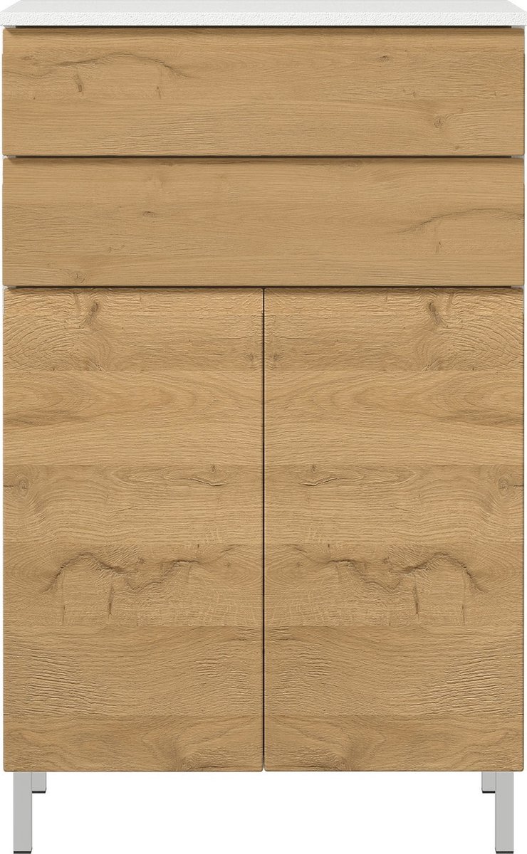 Badkamerkast Torres 60cm Met 2 Deuren & 2 Lades - Eikdecor/wit - Germania - Badkamer Halfhoge Kast - Wit; Bruin - Melamine; Spaanplaat