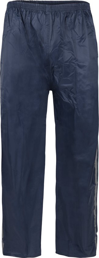 Donkerblauwe regenbroek met elastische tailleband.