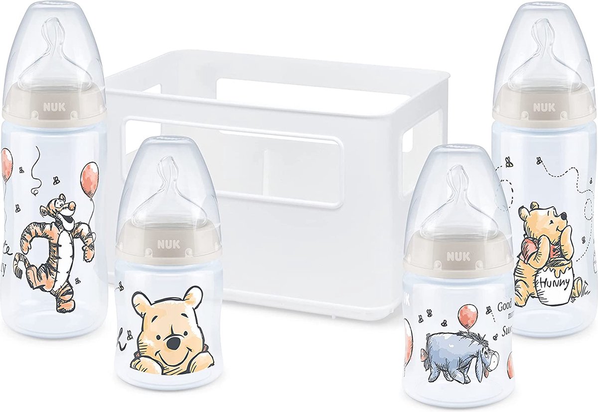 Starterset met NUK First Choice+ babyflessen | 0-6 maanden | 4 babyflessen met temperatuurcontrole en flessenkrat | Antikrampjesventiel | BPA-vrij | Disney Winnie the Pooh