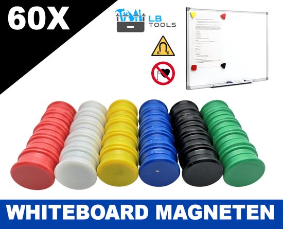 60 stuks sterke ronde whiteboard magneten set, deze memo magneetjes zijn gekleurd in zes opvallende kleuren rood, wit, blauw, groen, geel en zwart