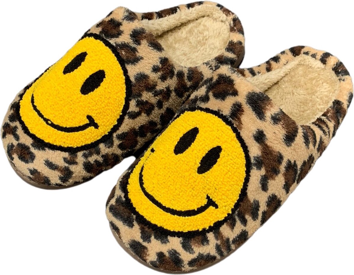 Budino® Smiley Pantoffels - Smiley Sloffen - Pantoffels - Sloffen - Dames en Heren - Panter Bruin - Maat 41/42