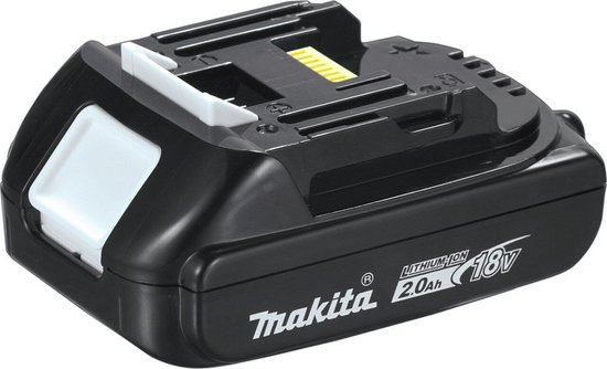 Makita 18V 2.0Ah Lithium-Ion batterij, zwart met witte ontgrendelknoppen en gele geleiderail.